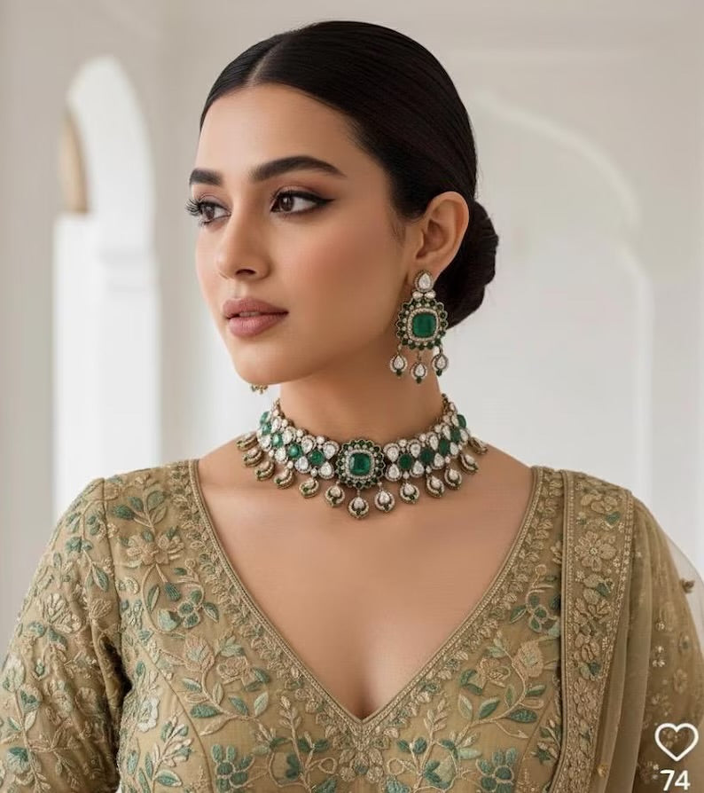 MANIKA Emerald Green Polki Choker Necklace Set