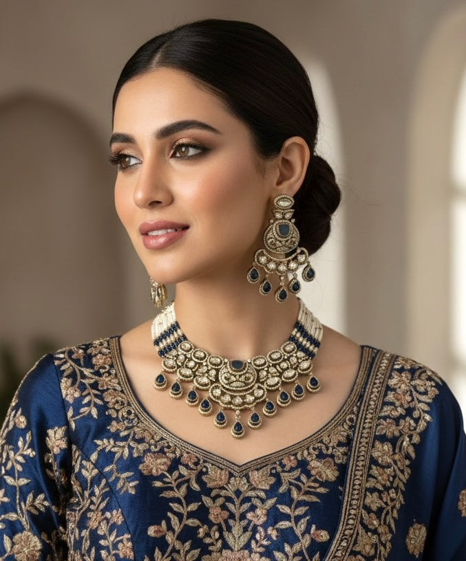 KASHMIRA Navy Blue Polki Kundan Necklace Set