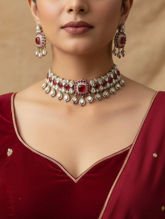 MANIKA Ruby Red Polki Choker Necklace Set