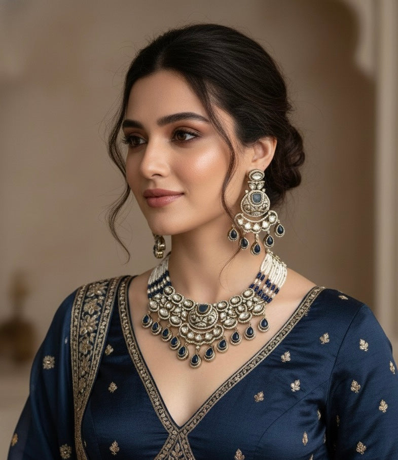 KASHMIRA Navy Blue Polki Kundan Necklace Set