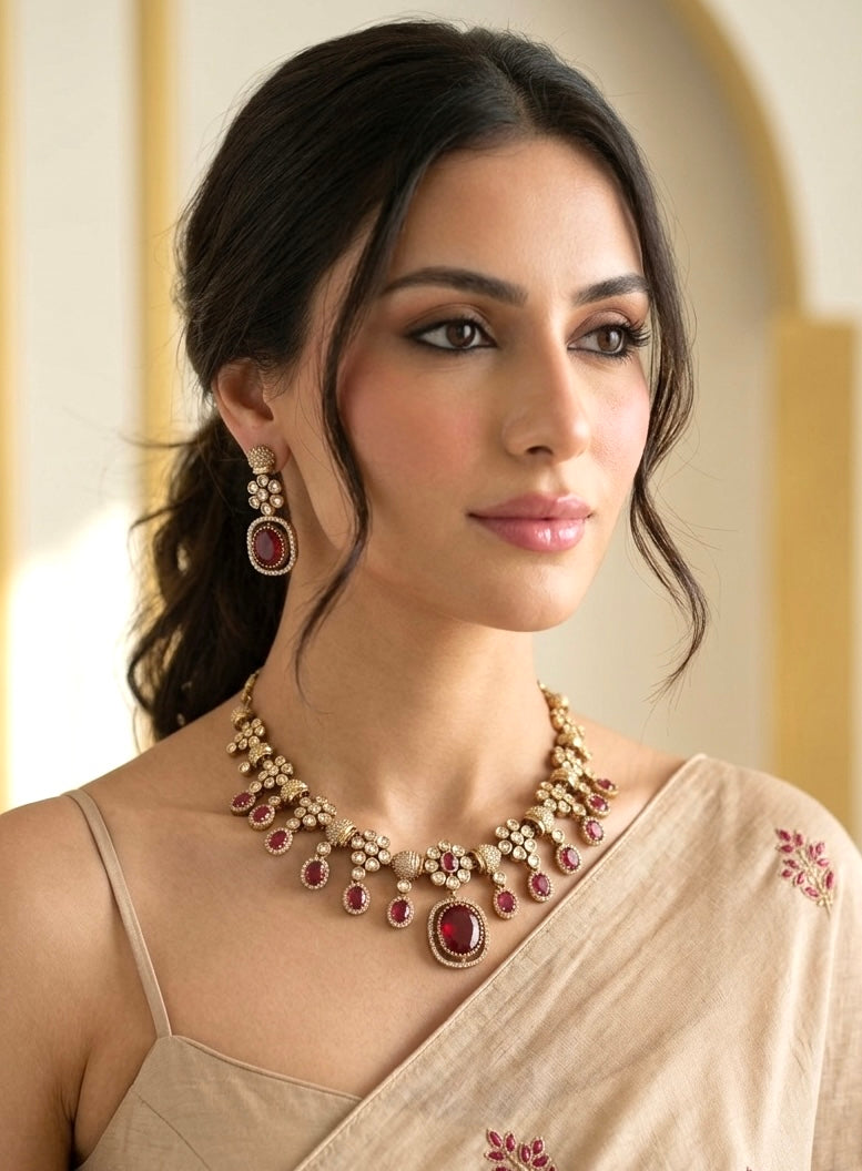 RIMAYA Sabyasachi inspired Ruby red necklace set
