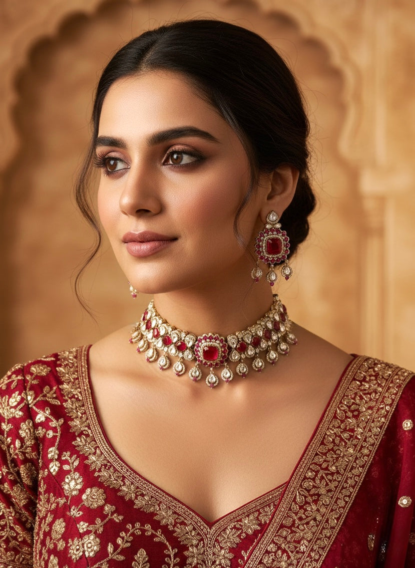 MANIKA Ruby Red Polki Choker Necklace Set