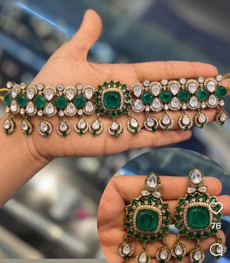 MANIKA Emerald Green Polki Choker Necklace Set