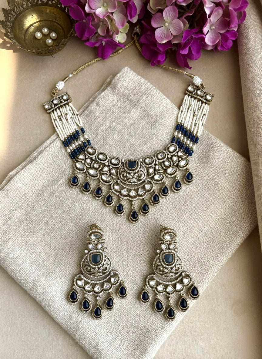 KASHMIRA Navy Blue Polki Kundan Necklace Set