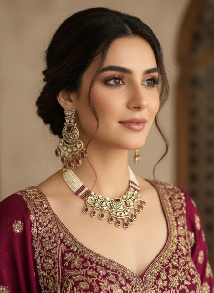 KASHMIRA Ruby Red Polki Kundan Necklace Set