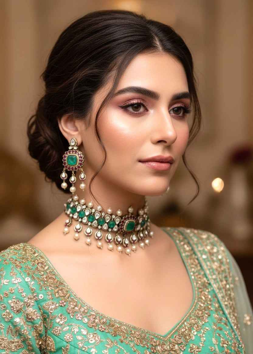 RUHANI Pearl Mint Ruby Polki Choker Necklace Set