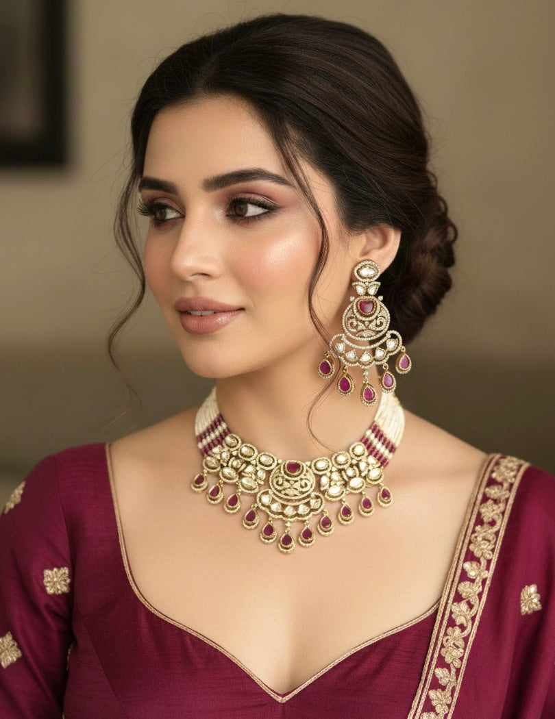 KASHMIRA Ruby Red Polki Kundan Necklace Set