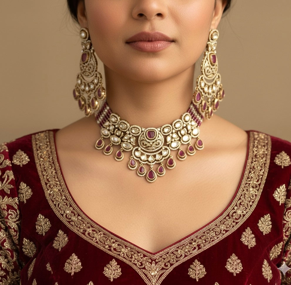 KASHMIRA Ruby Red Polki Kundan Necklace Set