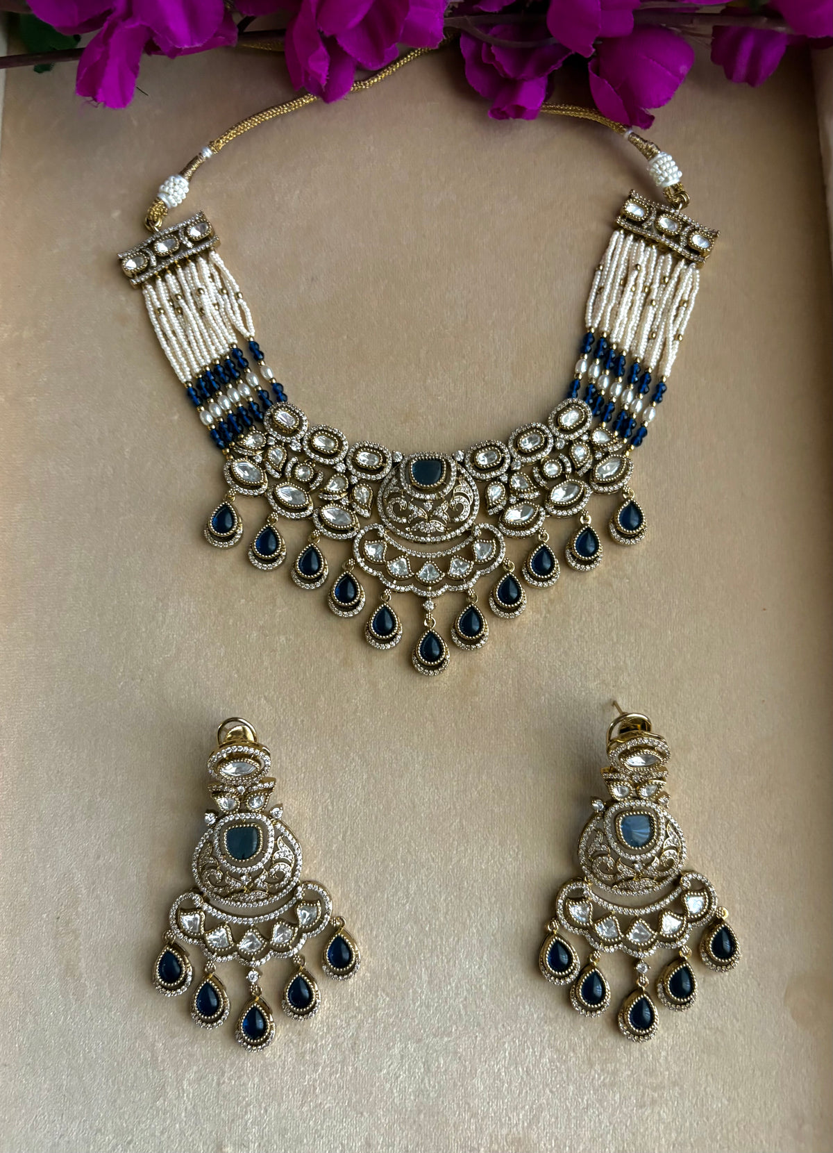 KASHMIRA Navy Blue Polki Kundan Necklace Set