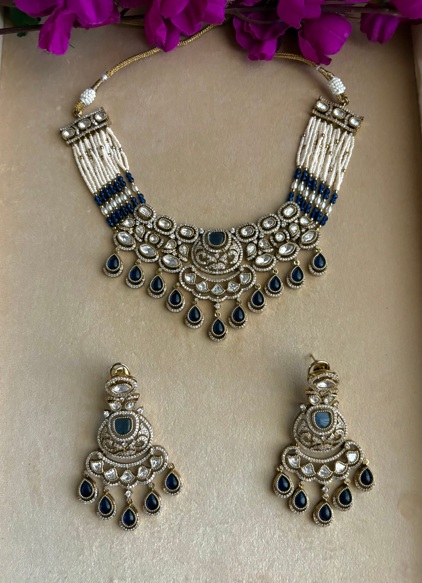 KASHMIRA Navy Blue Polki Kundan Necklace Set