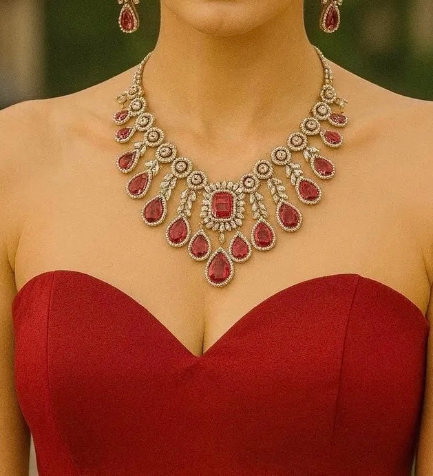 ANNAIKA Red Gold AD Necklace Set