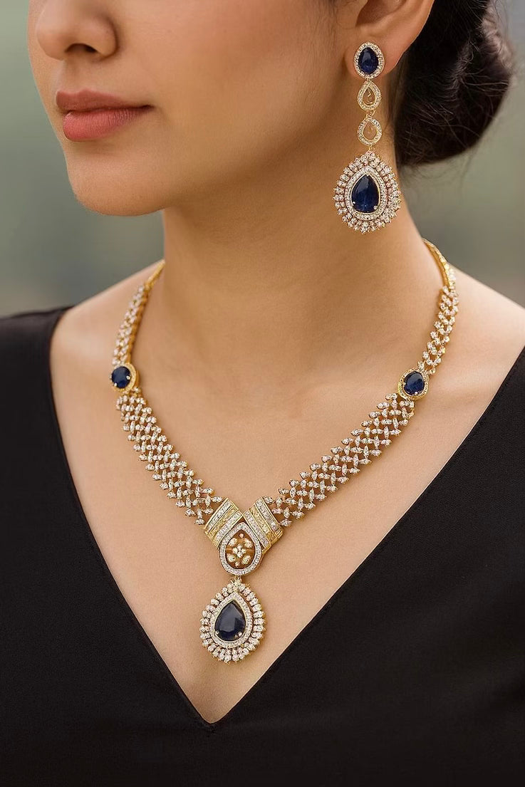 ADAH Blue Gold AD Necklace Set