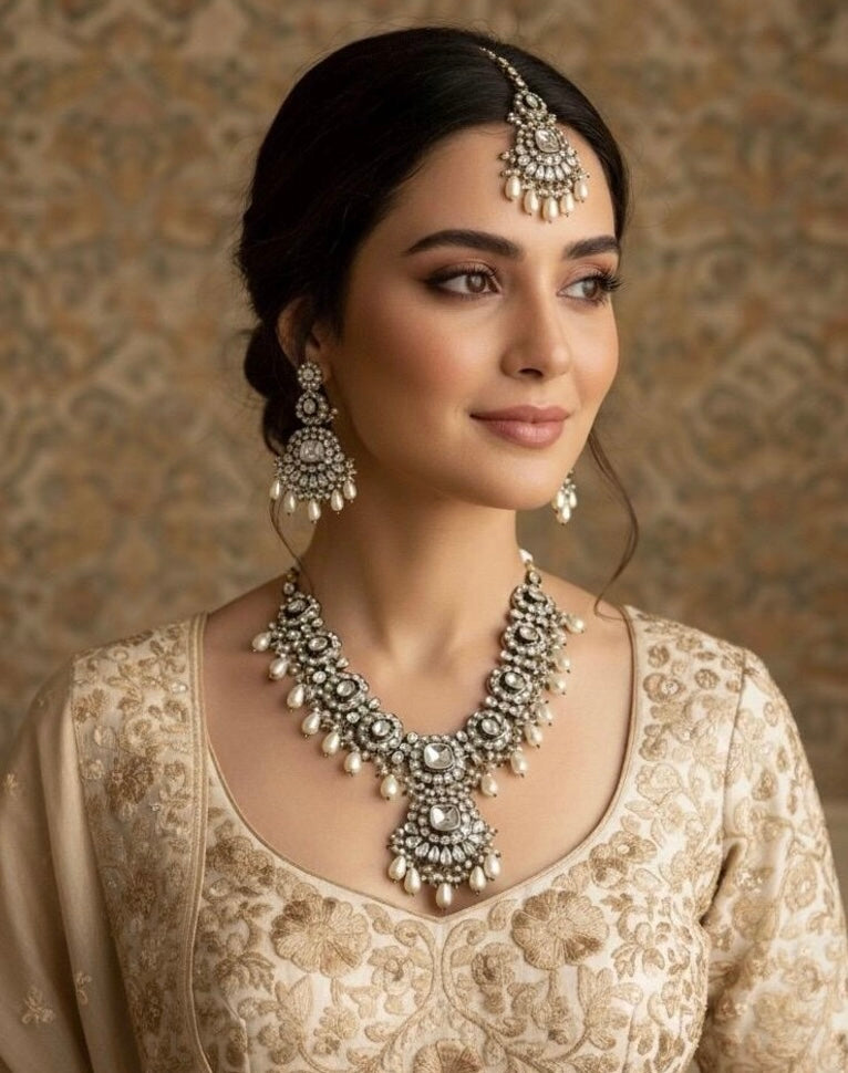 AREEZAH Gold Clear Kundan Necklace Set