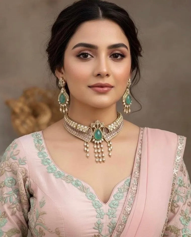 ARSHEYA Pink Blue Kundan Choker Necklace Set