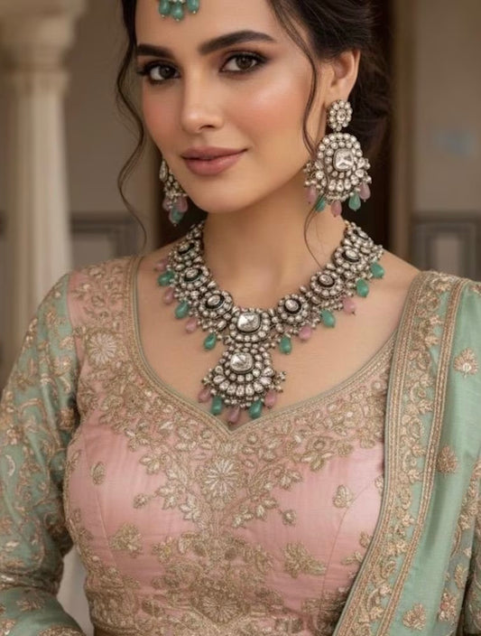 AREEZAH Pink Blue Kundan Necklace Set