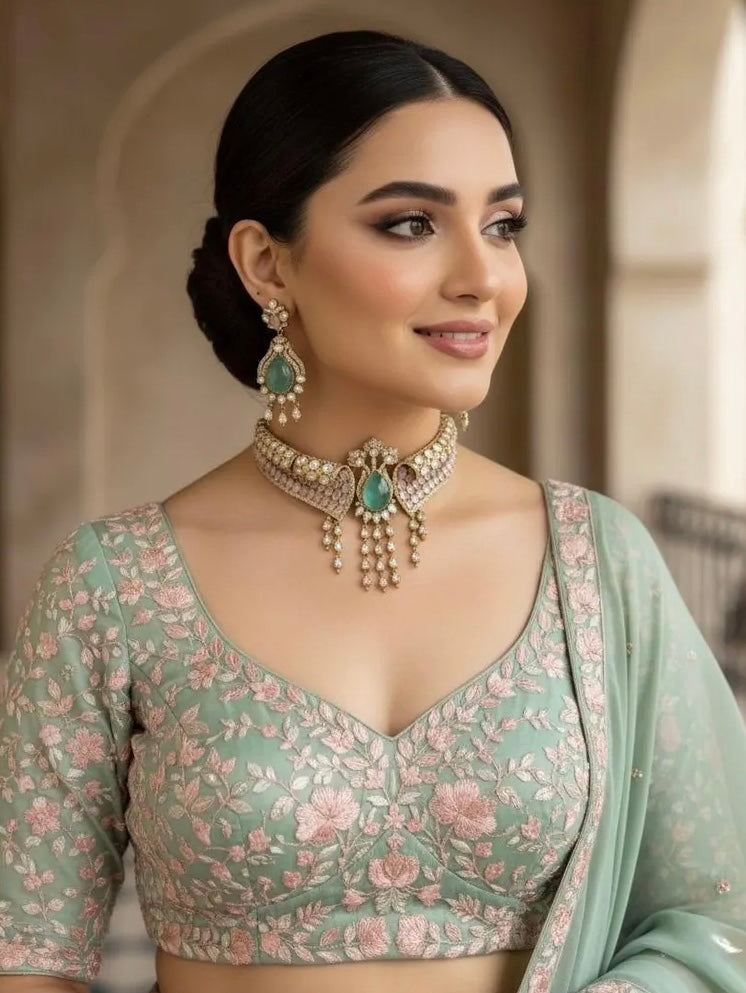 ARSHEYA Pink Blue Kundan Choker Necklace Set