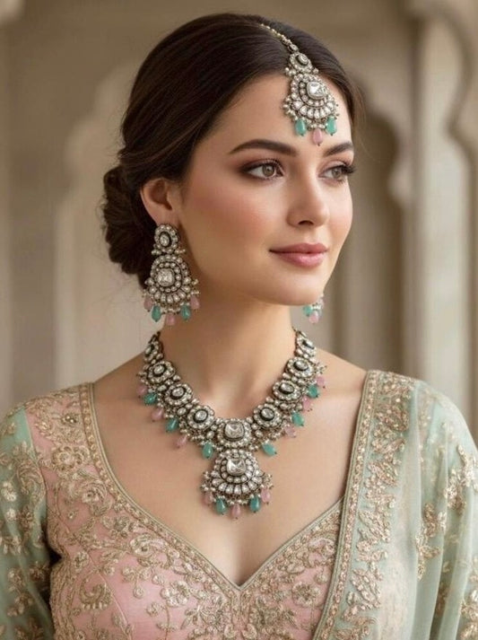 AREEZAH Pink Blue Kundan Necklace Set