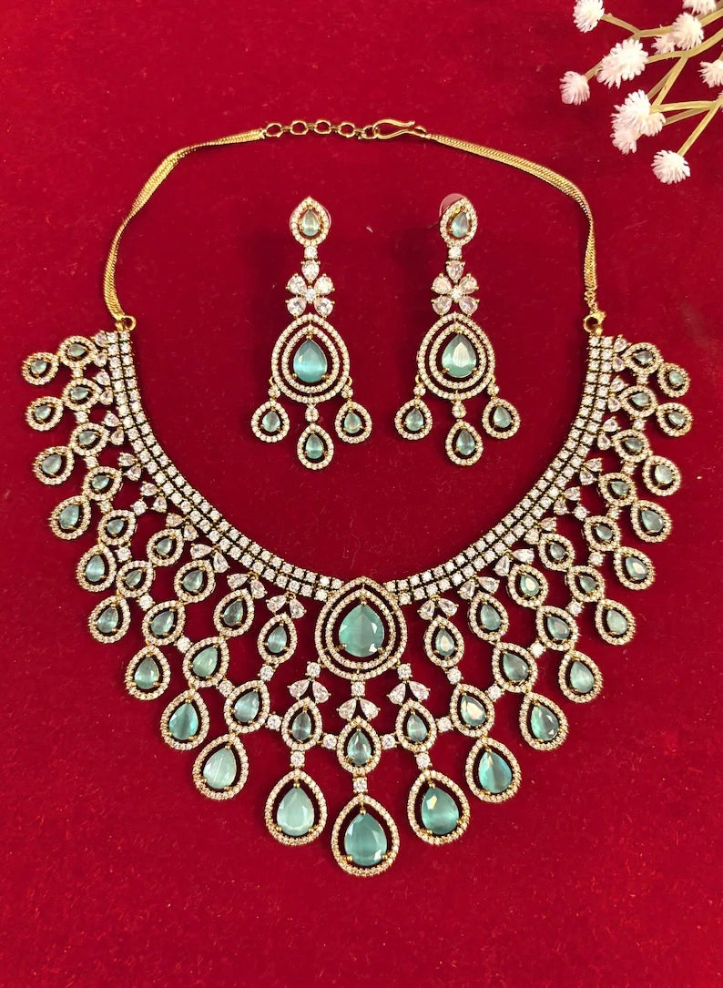 ANGELA Mint Gold AD Necklace Set