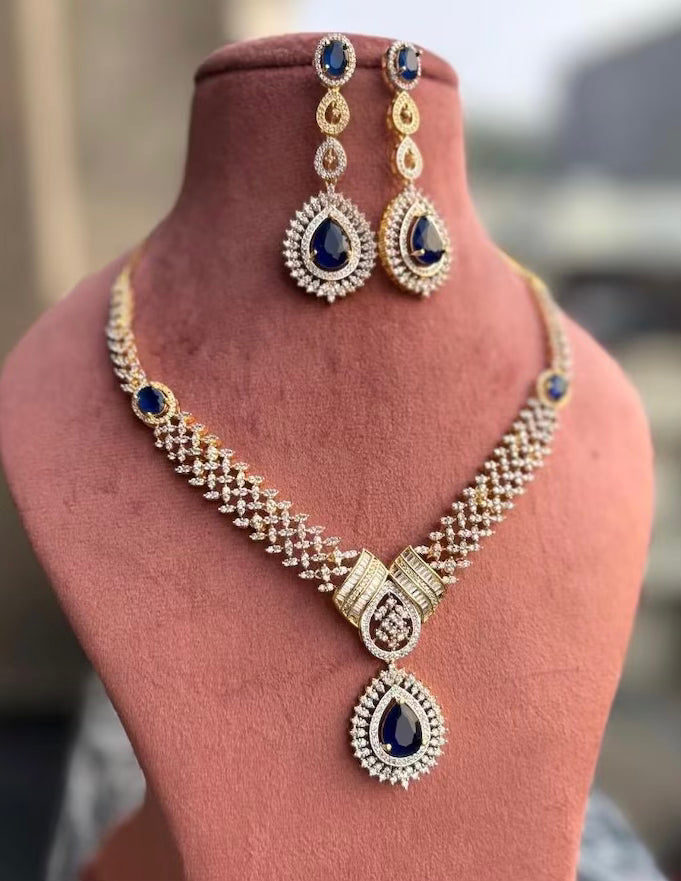 ADAH Blue Gold AD Necklace Set