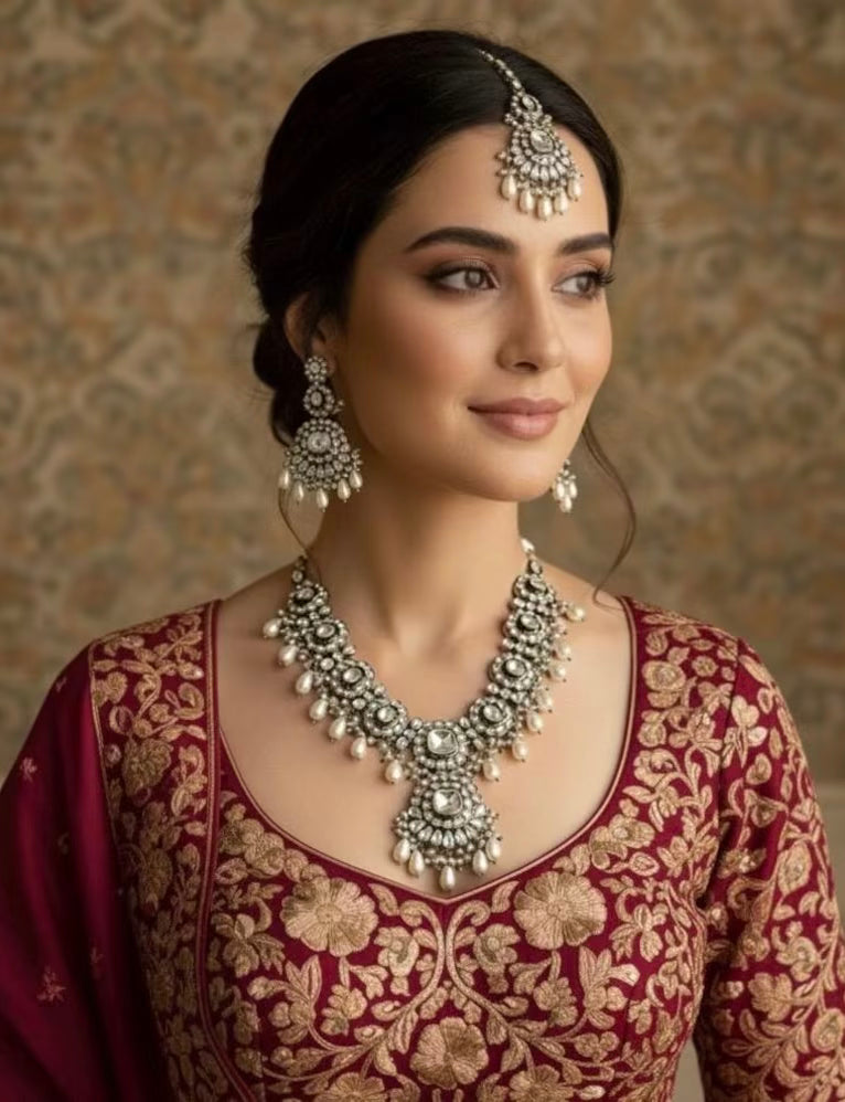 AREEZAH Gold Clear Kundan Necklace Set