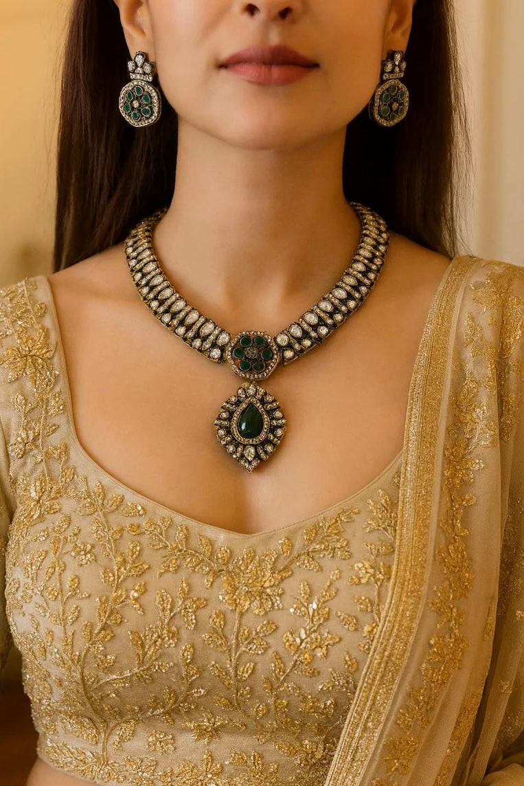RASHI Green Victorian Necklace Pendant Set