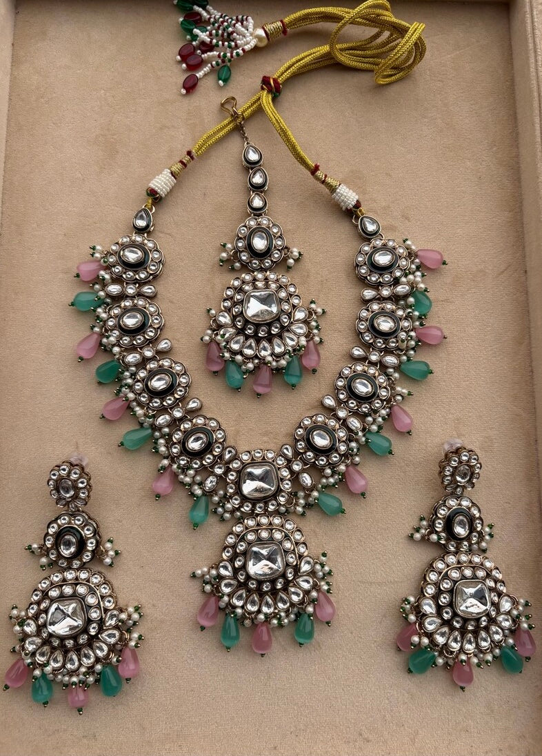 AREEZAH Pink Blue Kundan Necklace Set