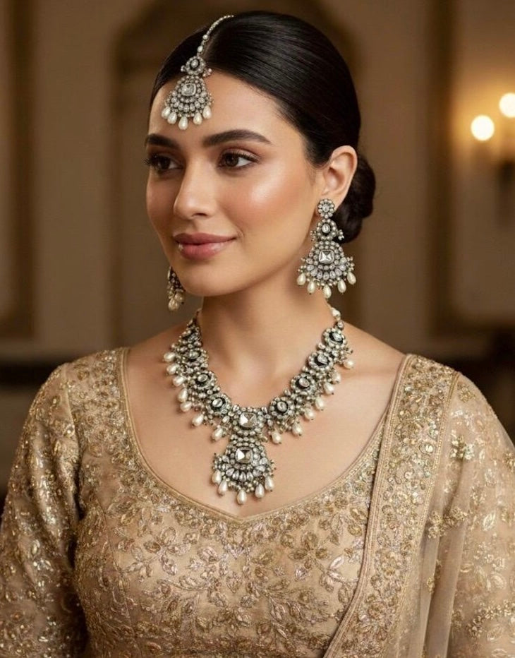 AREEZAH Gold Clear Kundan Necklace Set