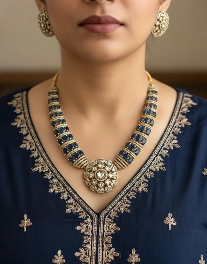 REYANA Blue Hasli Polki Necklace Set