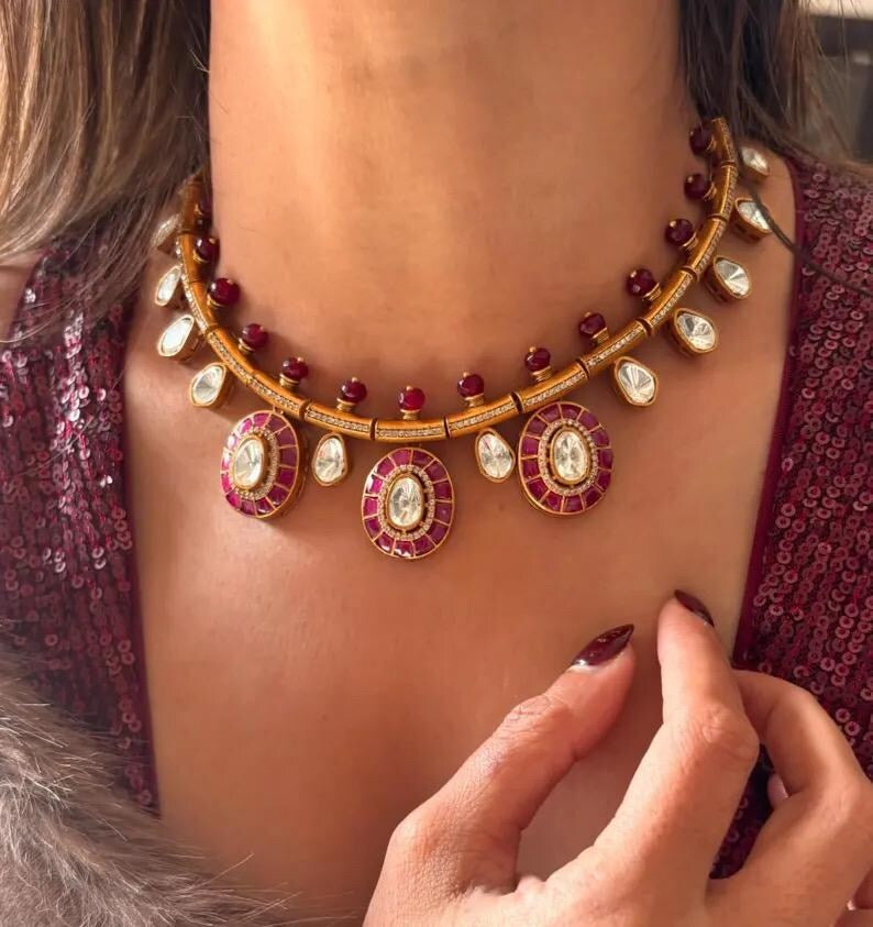 AARZU Ruby Gold Hasli Necklace Set