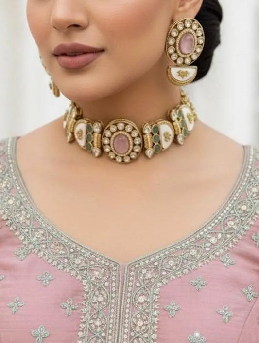 BAANI Pink Mint Choker Necklace Set