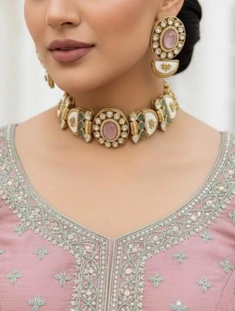 BAANI Pink Mint Choker Necklace Set