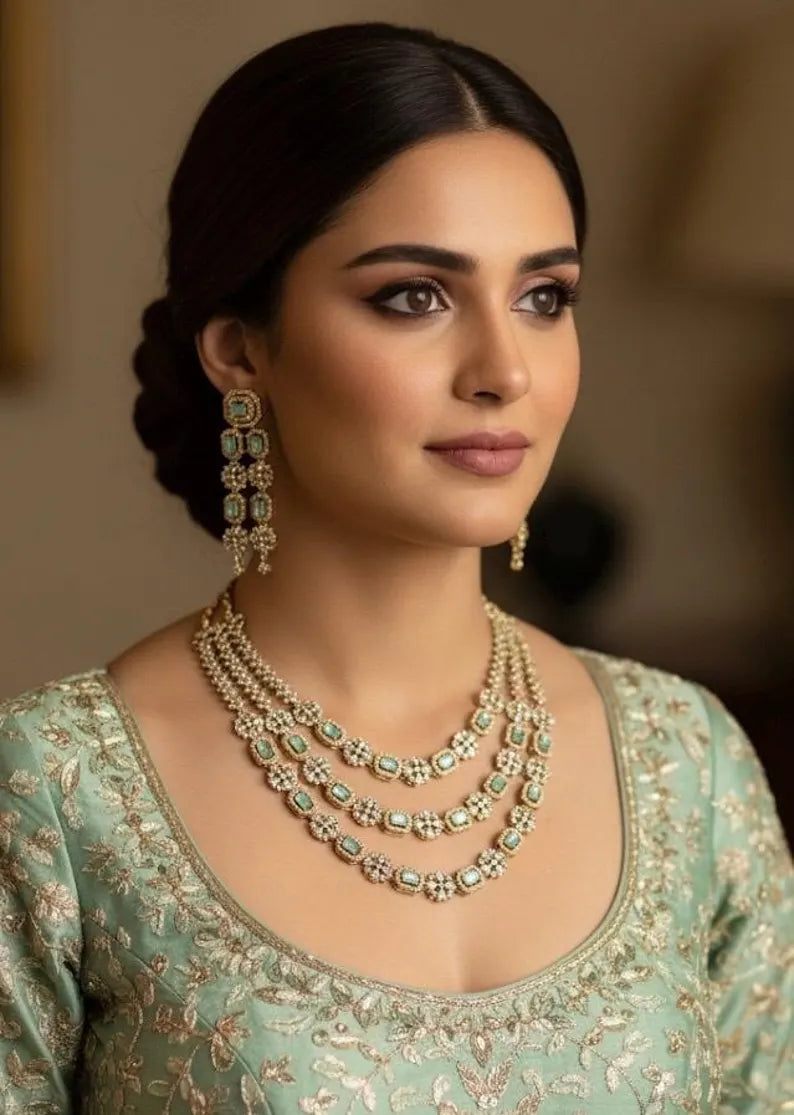 BARIKA Mint Three Layer Necklace Set