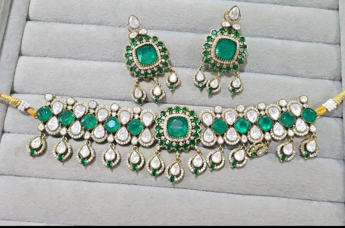 MANIKA Emerald Green Polki Choker Necklace Set