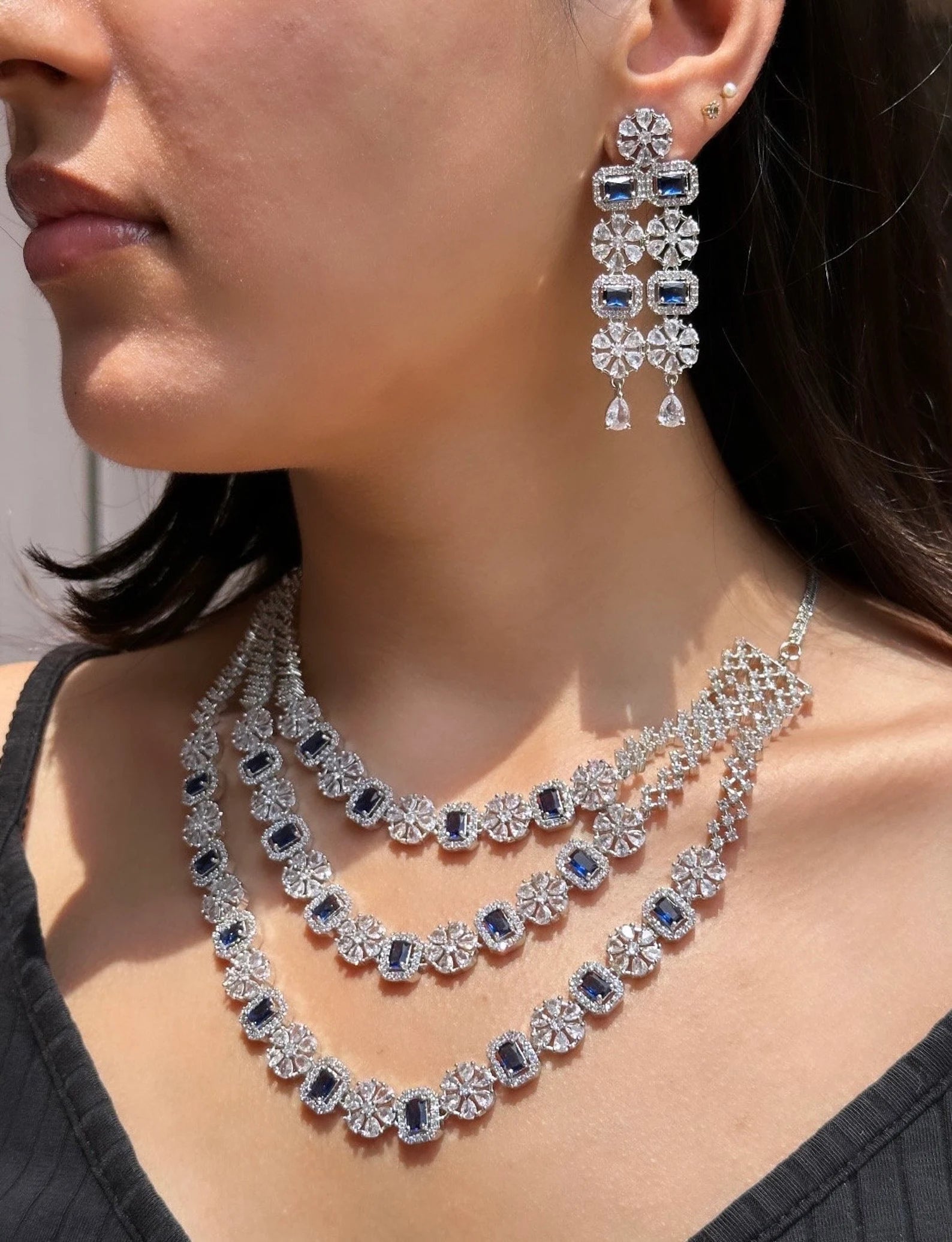 MILI Three Layer Blue AD Necklace Set