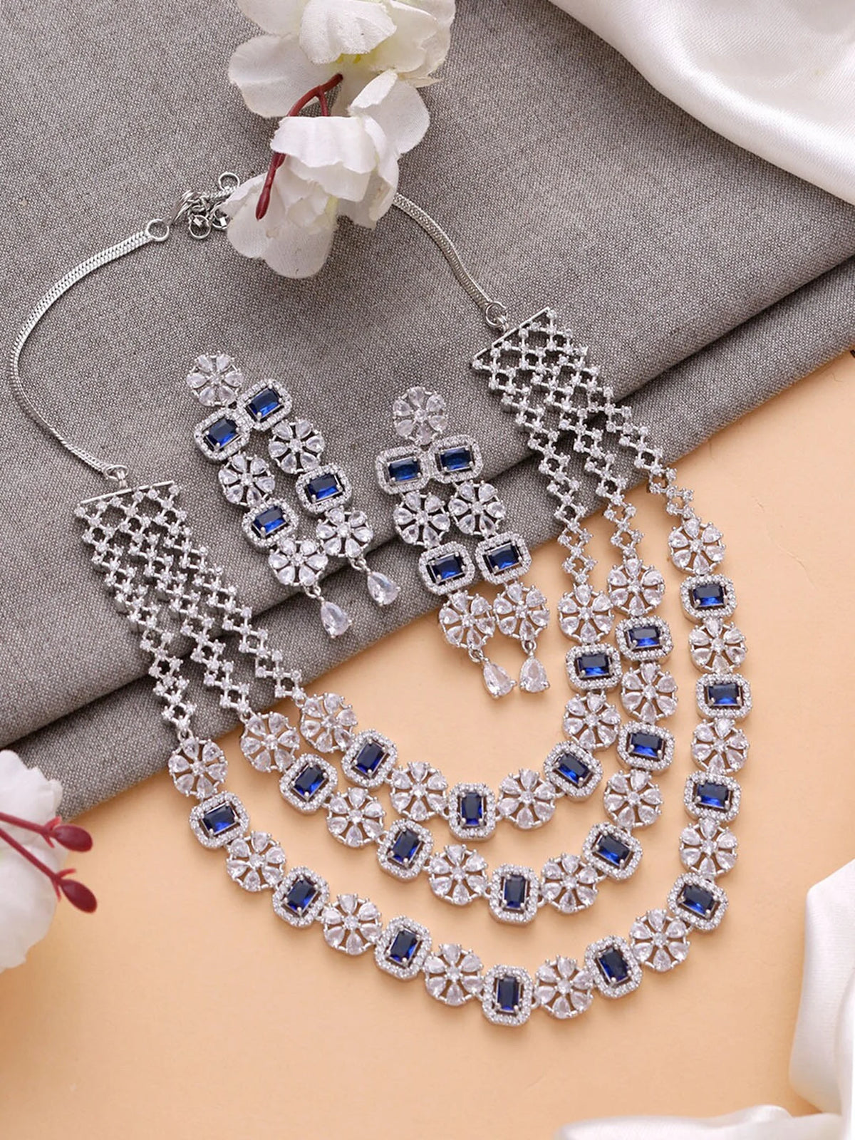 MILI Three Layer Blue AD Necklace Set