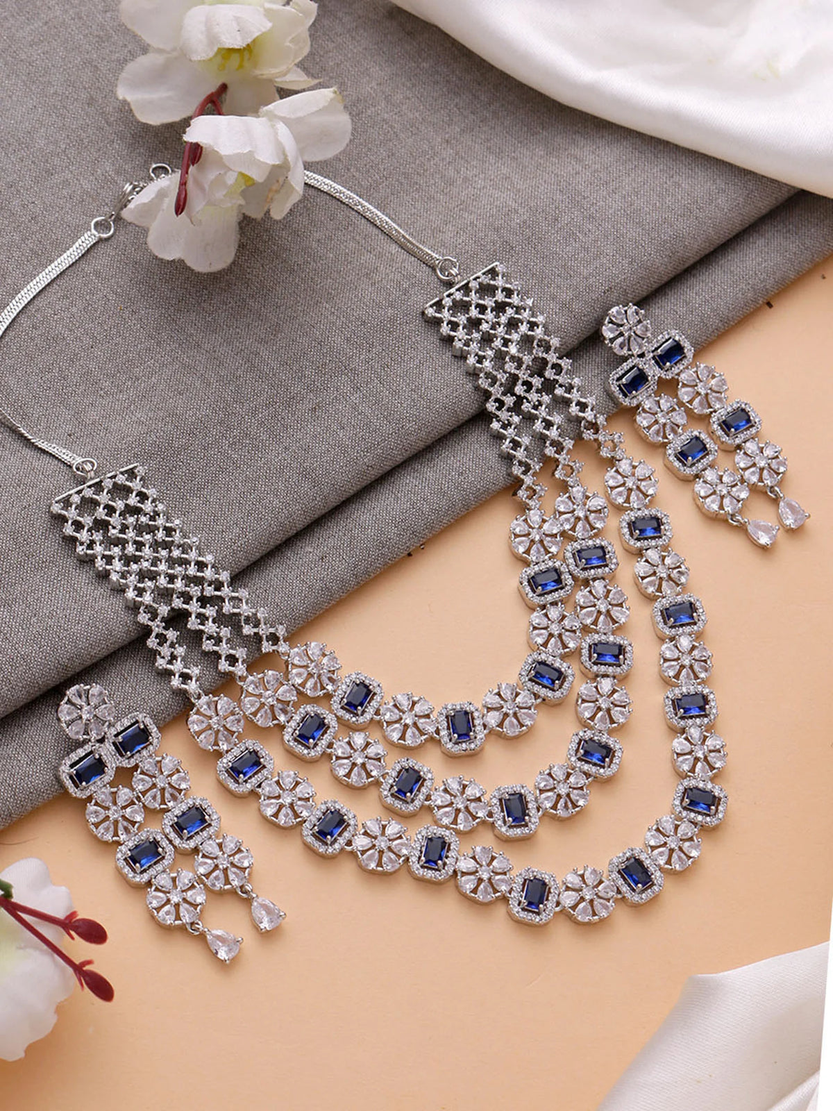 MILI Three Layer Blue AD Necklace Set