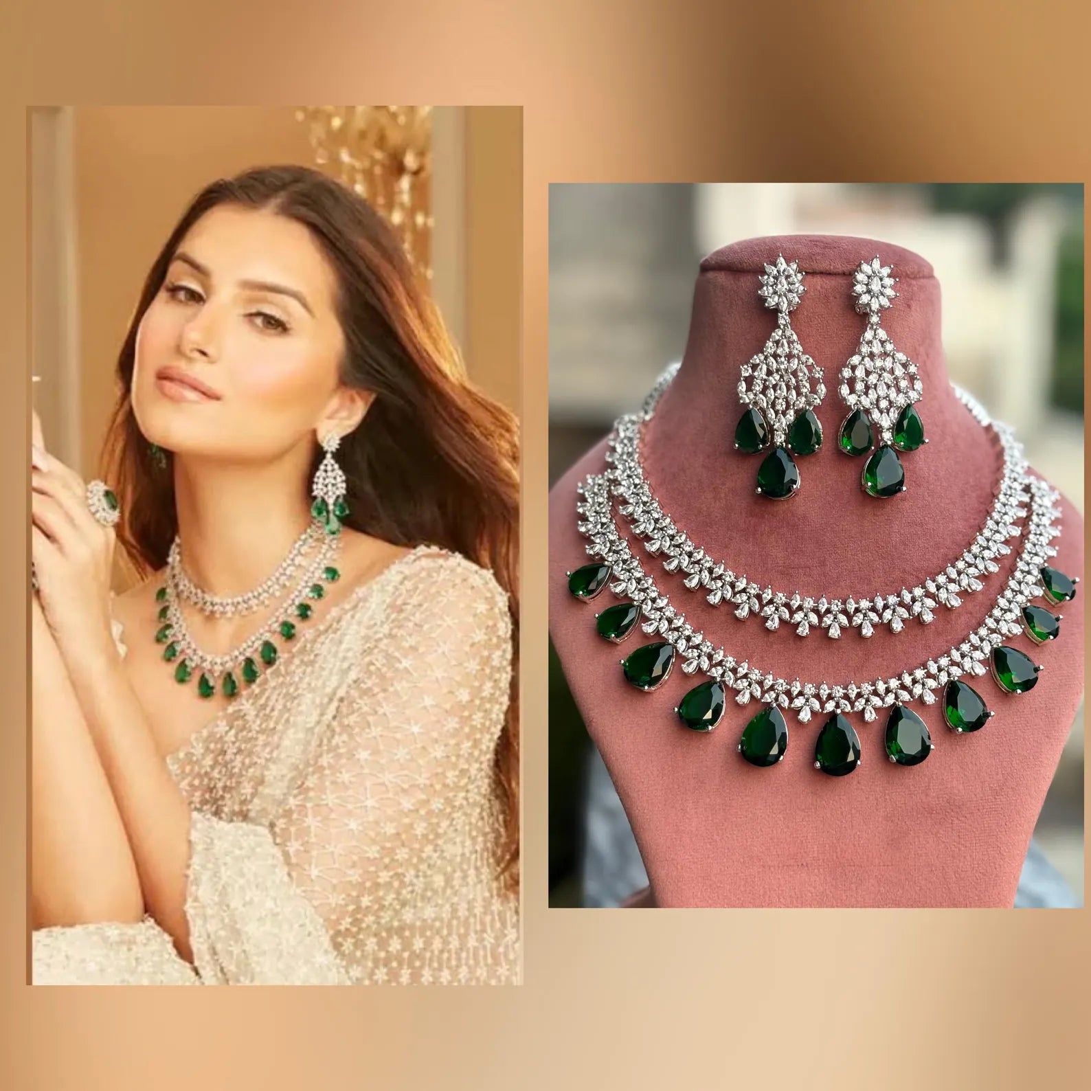 TARA Emerald Green Layer Necklace Set