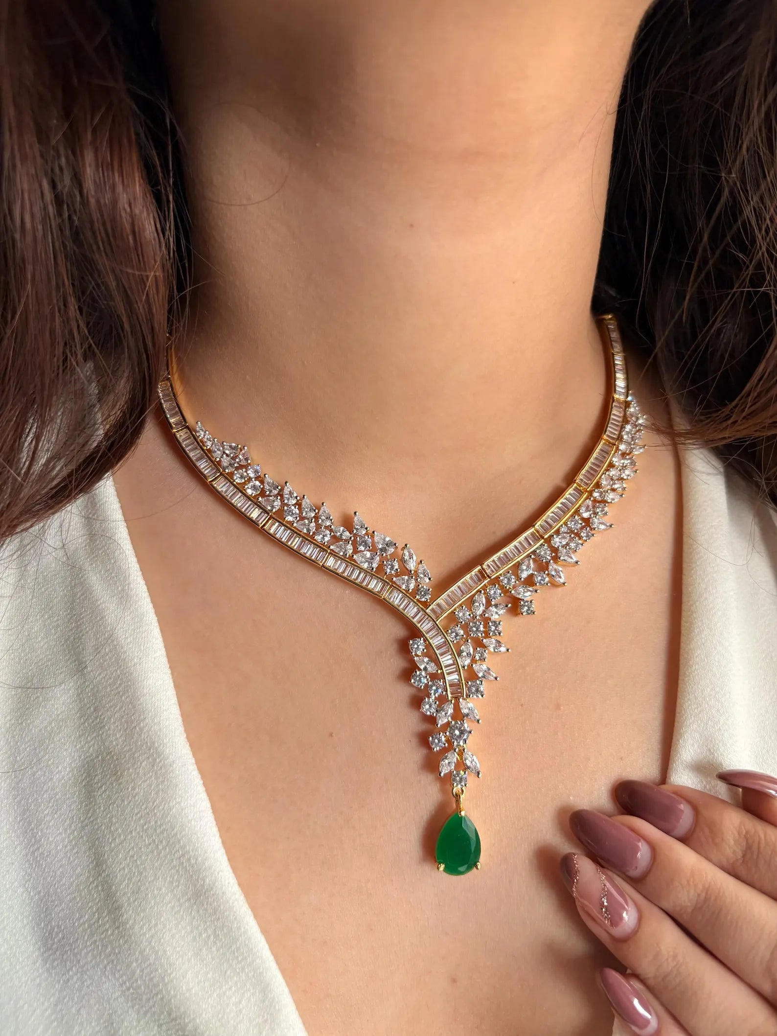 ZOHRA Green Dual Tone AD Necklace Set