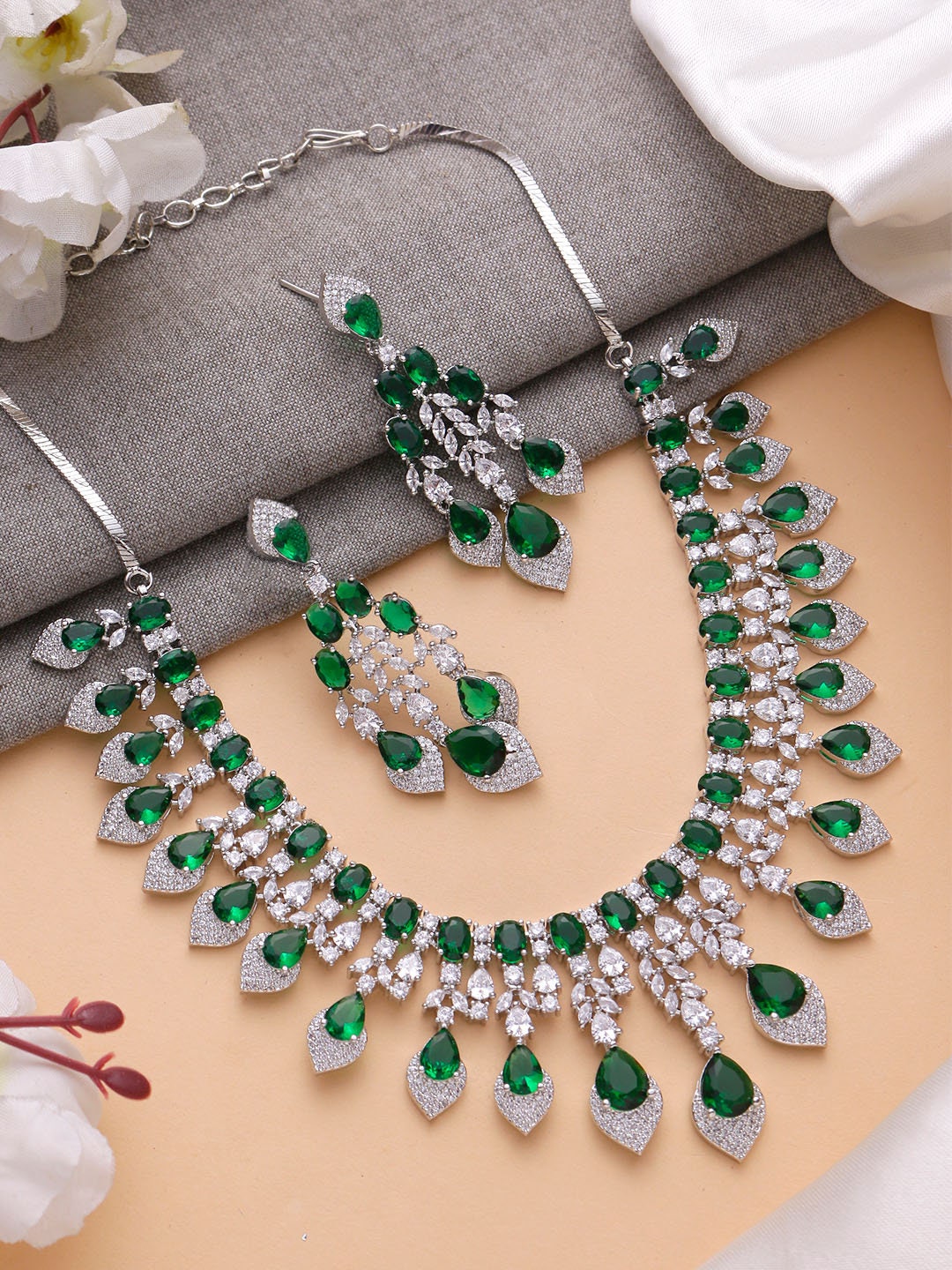 American Diamond High Quality Red Necklace Set Pakistani bridal wedding jewelry,Indian ring ceremony jewellery,zircon cz Green Sapphire blue