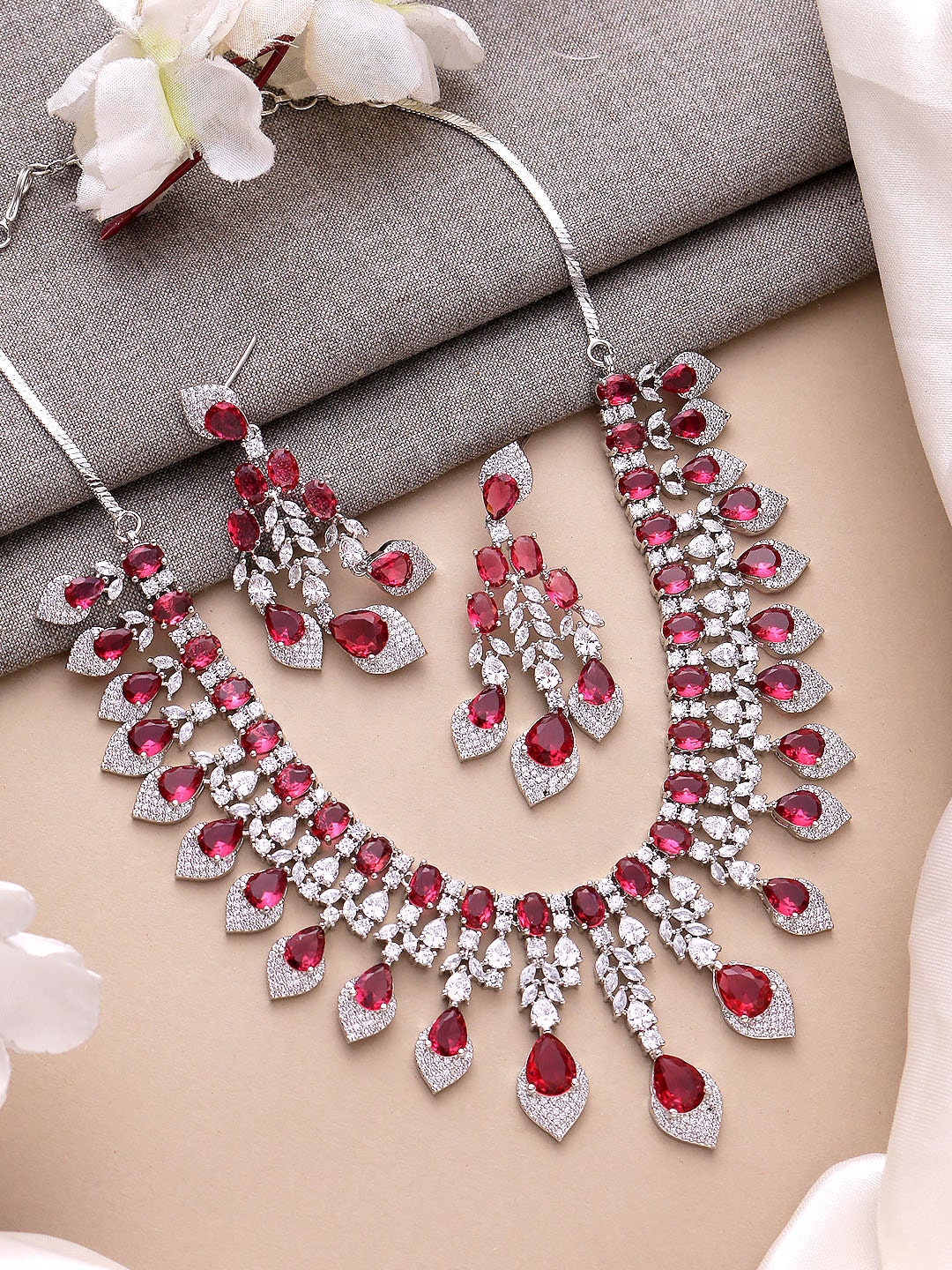 American Diamond High Quality Red Necklace Set Pakistani bridal wedding jewelry,Indian ring ceremony jewellery,zircon cz Green Sapphire blue