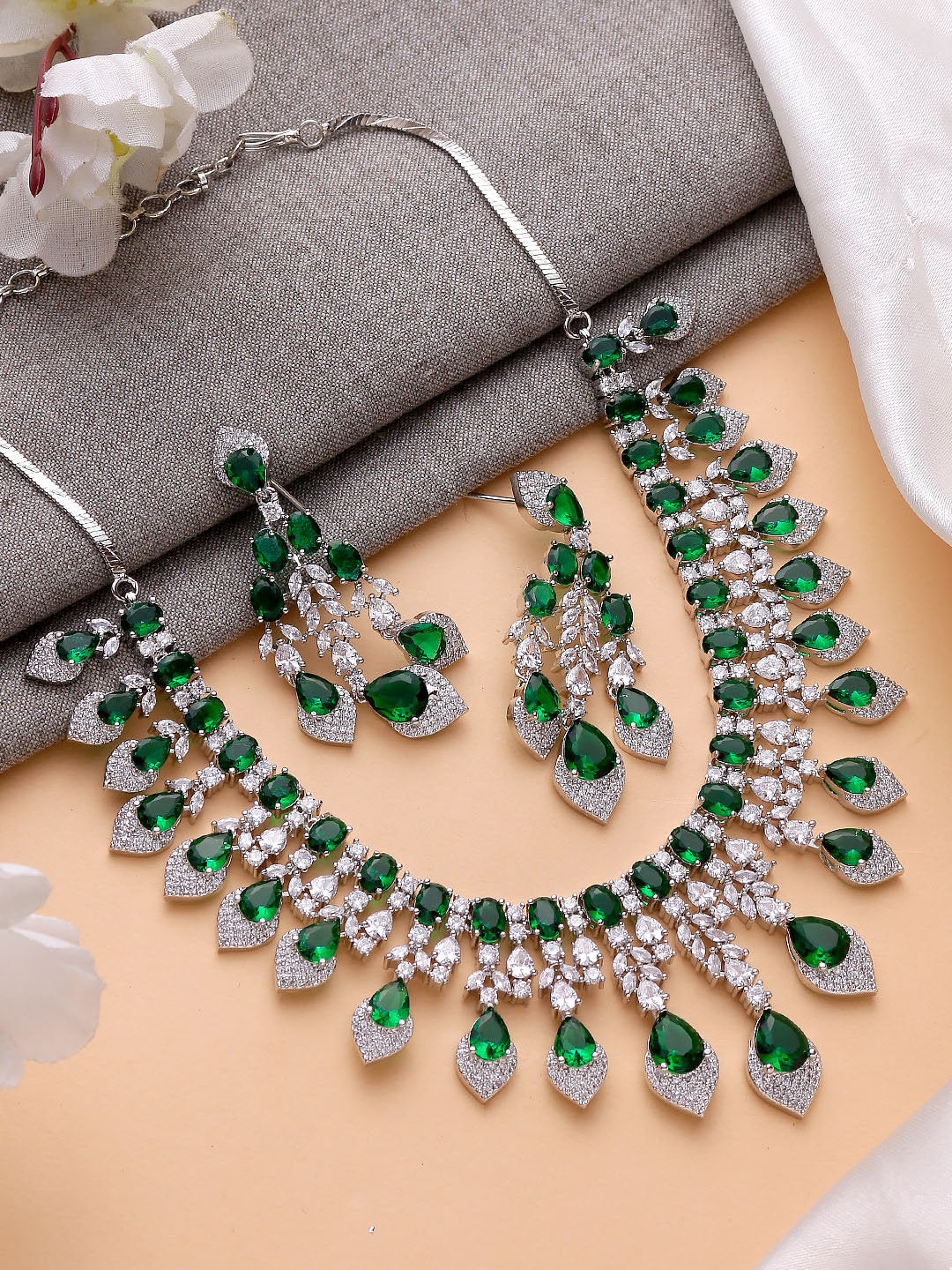 Emerald green American Diamond High Quality Necklace Set / Pakistani bridal wedding jewelry, Indian ring ceremony jewellery, festival