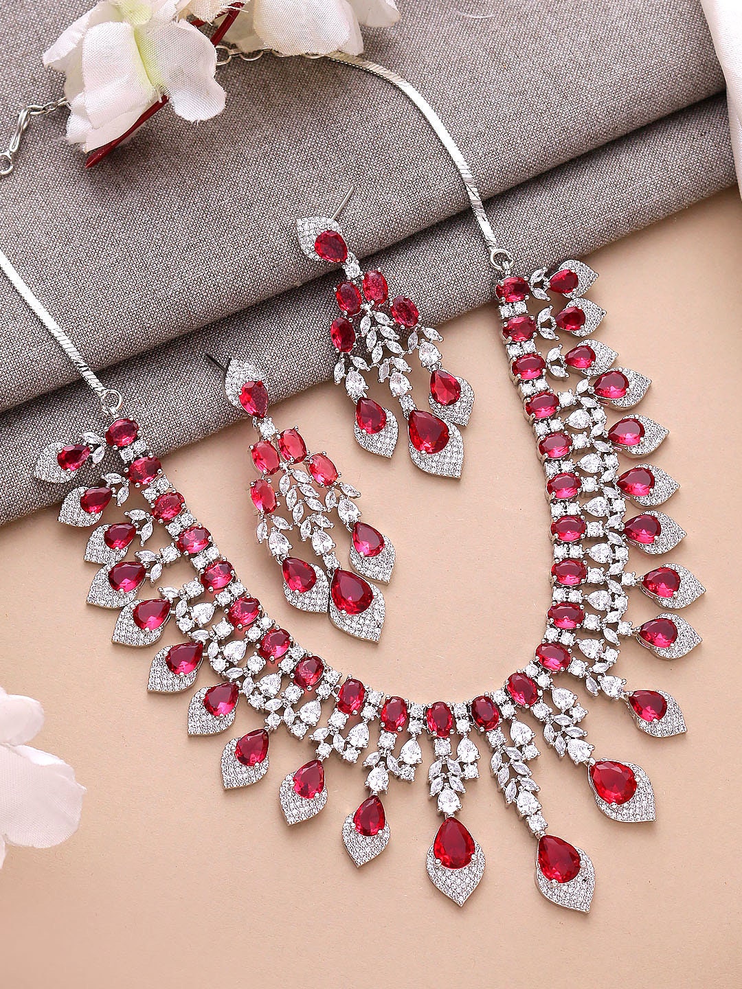 American Diamond High Quality Red Necklace Set Pakistani bridal wedding jewelry,Indian ring ceremony jewellery,zircon cz Green Sapphire blue