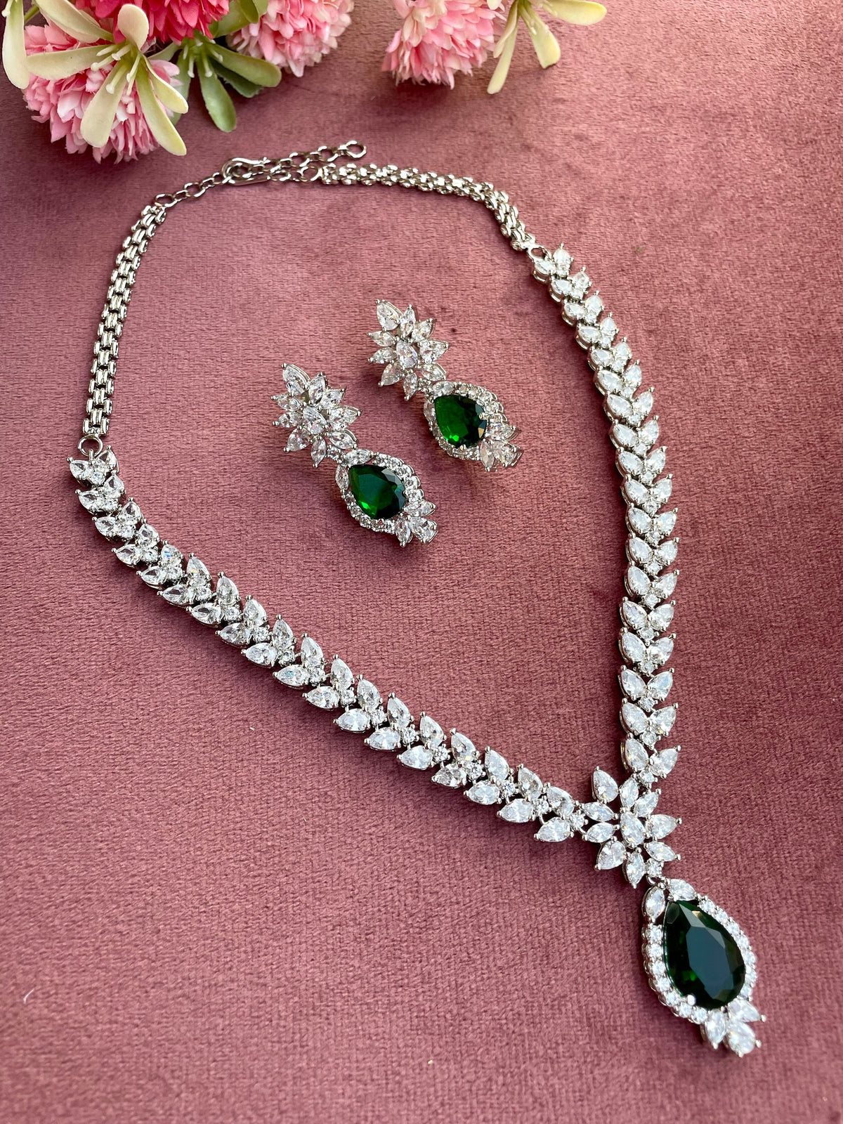 Alia Bhatt Emerald green Pendant Set in American Diamond Classy high quality cz zircon jewelry for wedding, prom,gala dinner bridal jewelery