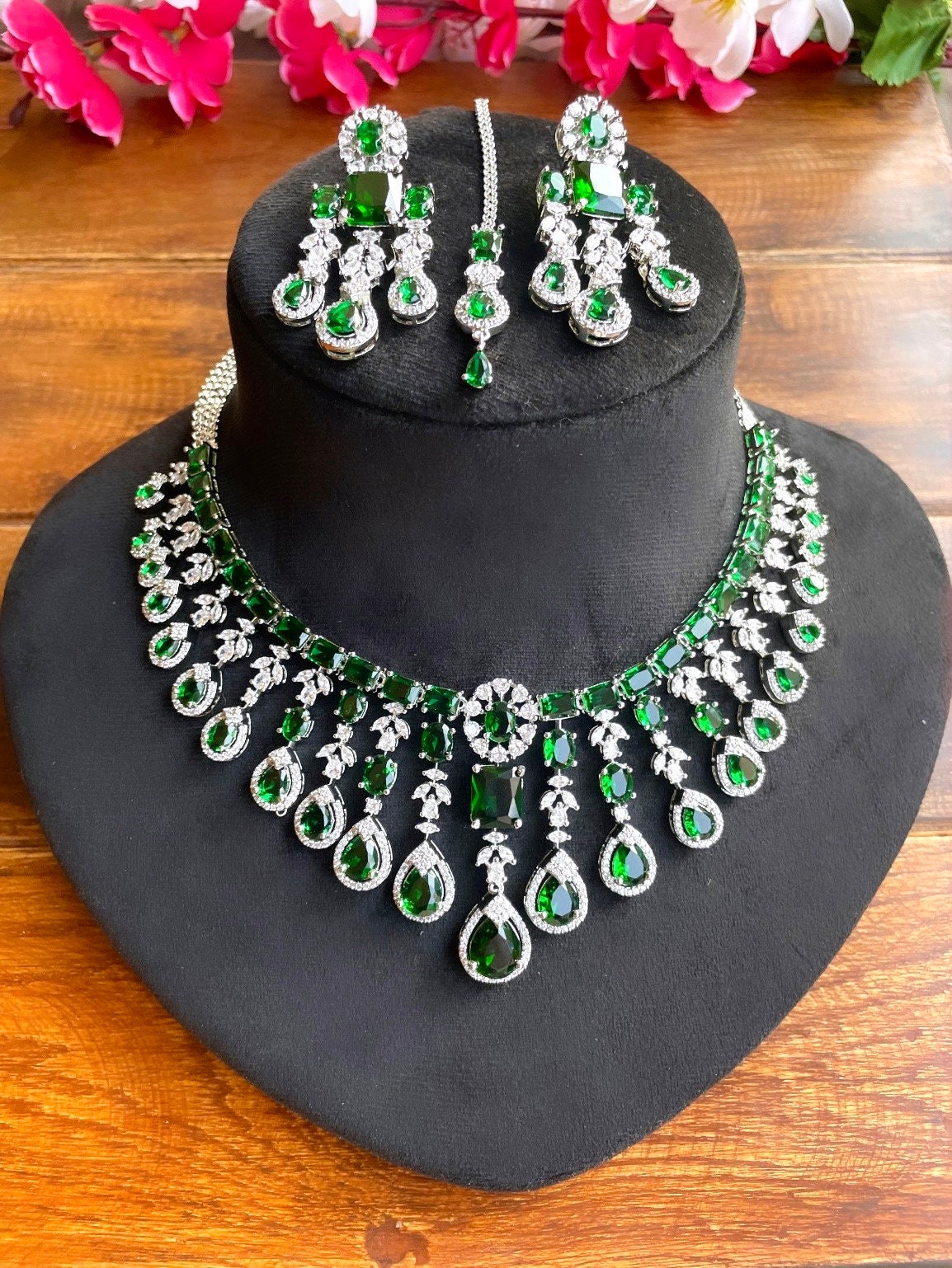 MALLIKA Green American Diamond High Quality necklace set,emerald green zircon bridal wedding jewelry,maangtika included