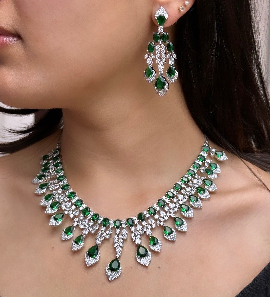 Emerald green American Diamond High Quality Necklace Set / Pakistani bridal wedding jewelry, Indian ring ceremony jewellery, festival