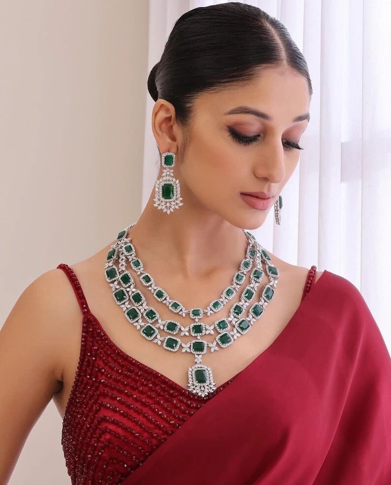 EILEENA Multilayer Emerald Green American Diamond High Quality necklace set wedding bridal  jewelry,zircon cz, pakistani Nikaah jewelry