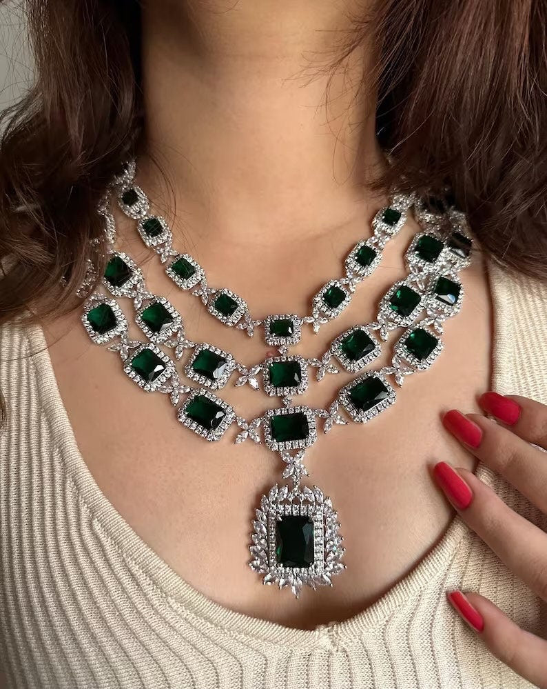 EILEENA Multilayer Emerald Green American Diamond High Quality necklace set wedding bridal  jewelry,zircon cz, pakistani Nikaah jewelry