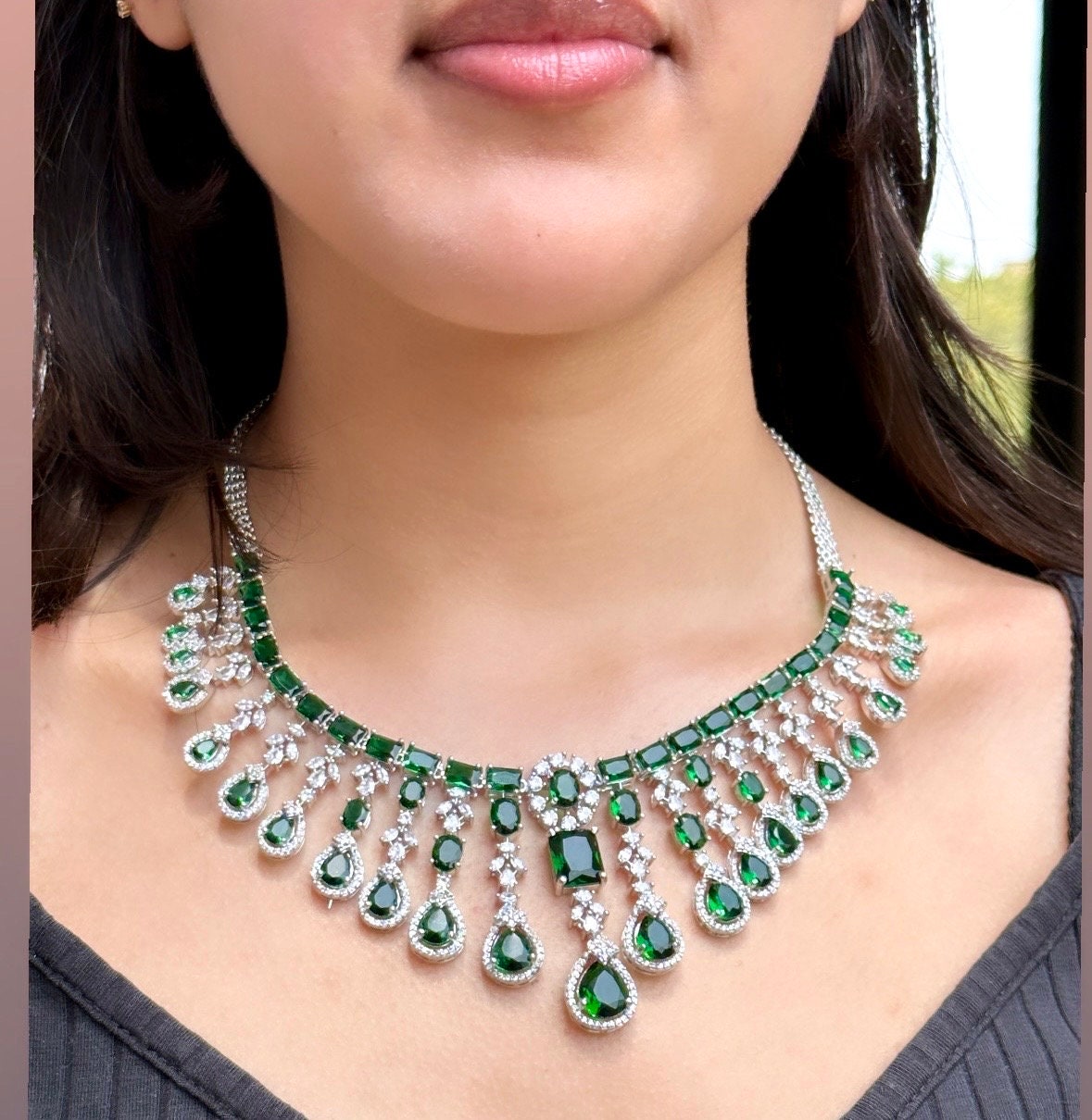 MALLIKA Green American Diamond High Quality necklace set,emerald green zircon bridal wedding jewelry,maangtika included