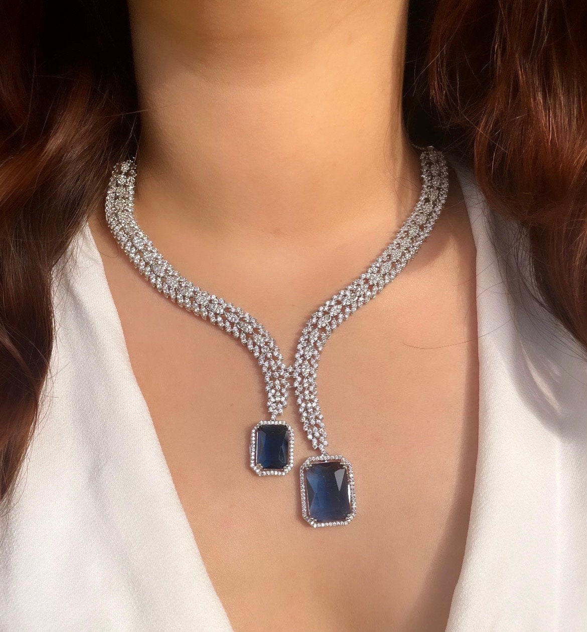 HANNAH Stylish Navy Blue Pendant necklace Set in American Diamond Classy high quality cz zircon jewelry, prom,gala dinner bridal jewellery