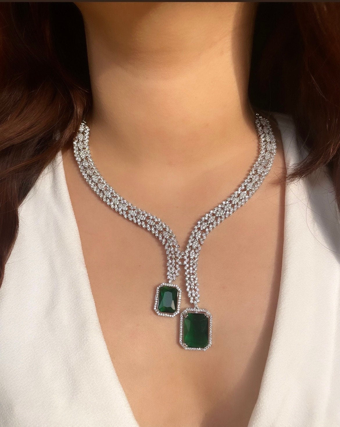 HANNAH Emerald Green necklace Set in American Diamond